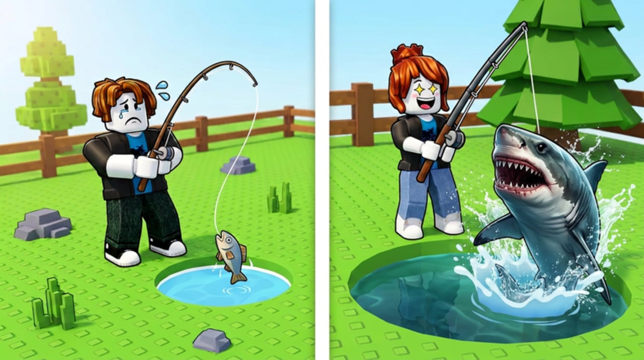 Hole Fishing desert event map with sell NPC, hole upgrades, and mutation-ready fish inventory